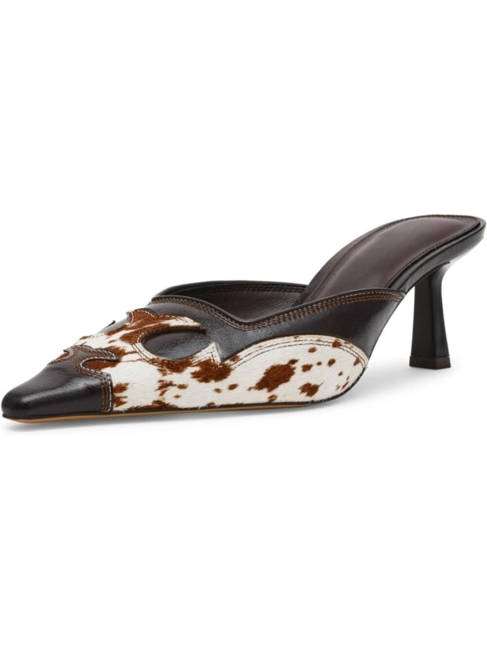 Women's Cow Kitten Heel Mules Pointed Toe Pumps Close Toe Western Heels Pull-On